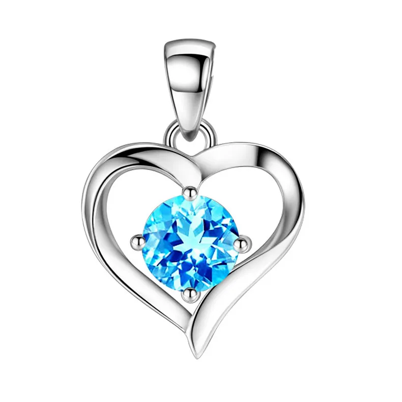 S999 Sterling Silver Necklace Women's Heart-shaped Pendant - Blue Diamond