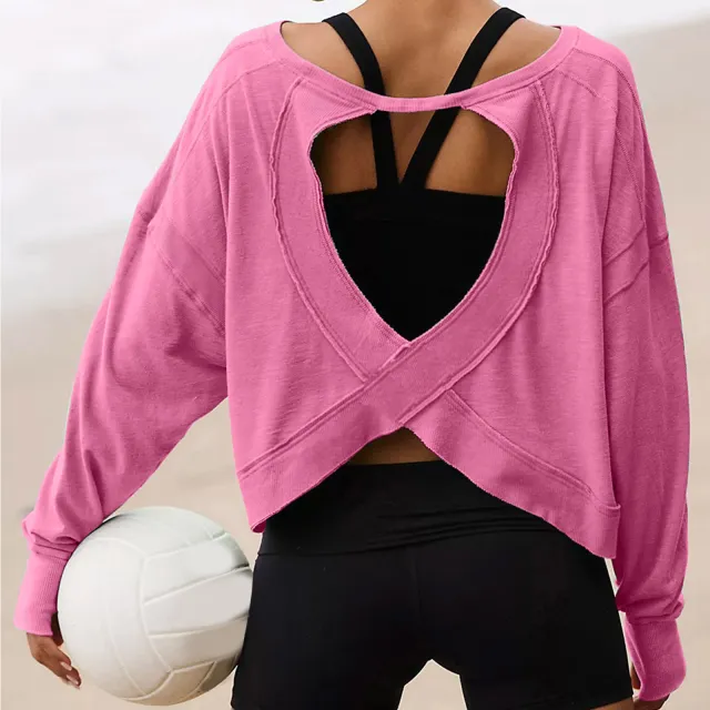 Hollow Backless Long Sleeves Loose T shirt Pink - Shop at LoveMi