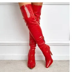 Skinny Pointed Toe Stiletto Heel Street Highlights Stretch Women's Over-the-knee Boots - Red - View 1