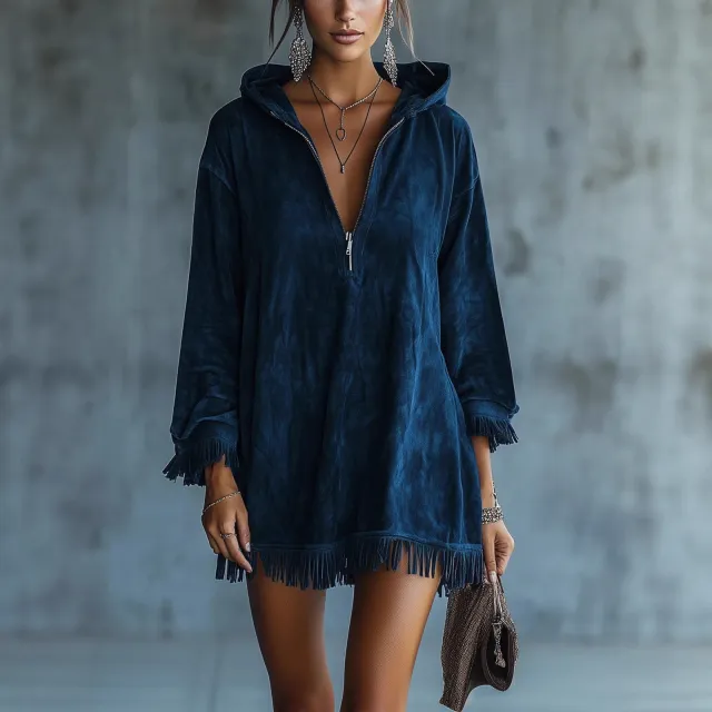 Loose Fitting Hooded Half Zip Tassel Long Sleeve Deerskin Dress Blue - Shop at LoveMi