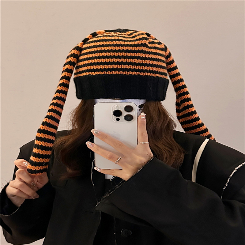 Cute Rabbit Ears Knitted Striped Pullover Wool Knit Hat Shopping Warm Beanie Hat - Women's Clothing