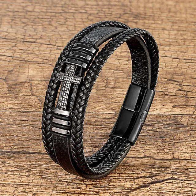 Metal Cross Multi layer Leather Bracelet Black - Shop at LoveMi
