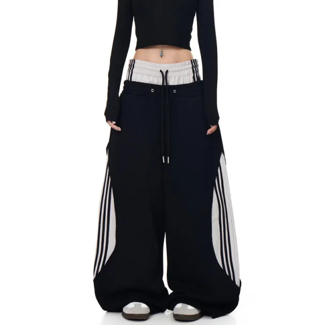 American style Retro Faux Two piece Striped Patchwork Jogger Pants Black - Shop at LoveMi