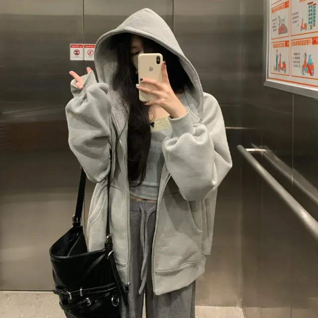Women's Sweater Fleece Zipper Cardigan Hooded Coat Light Gray - Shop at LoveMi