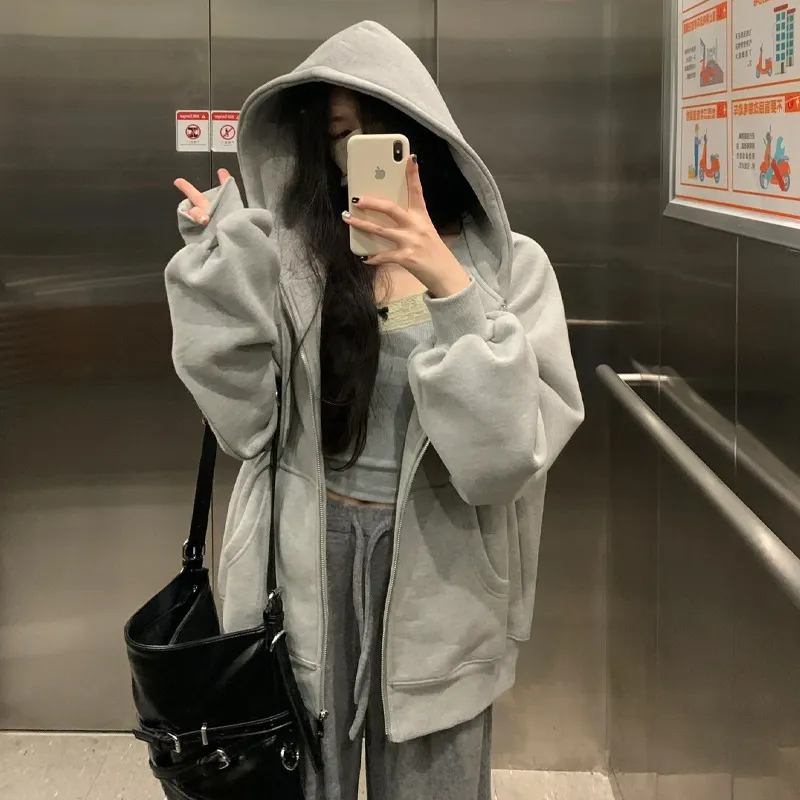 Women's Sweater Fleece Zipper Cardigan Hooded Coat - Light Gray