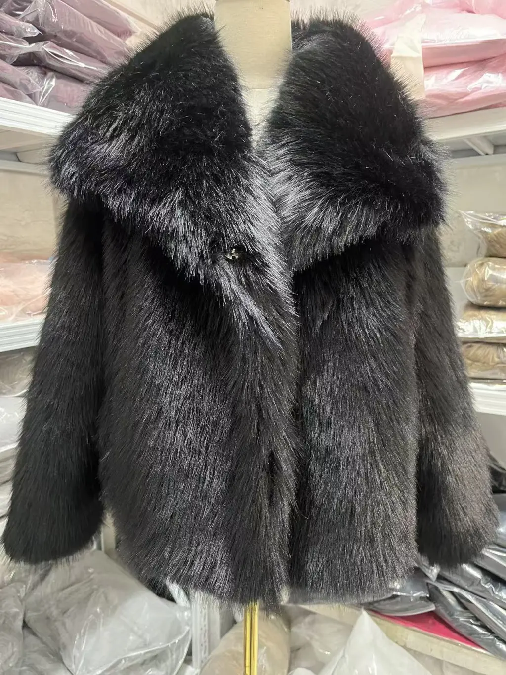 Women's Pure Color Versatile Faux Fur Collar Long Sleeve Coat Plus Size Outerwear - Black