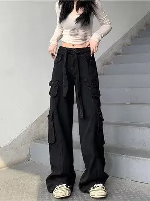 Women's American Vintage Multi pocket Distressed Loose Cargo Pants Black - Shop at LoveMi