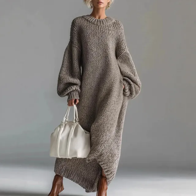 Crew neck Loose fit Lantern sleeve Long Knit Sweater Dress Gray - Shop at LoveMi