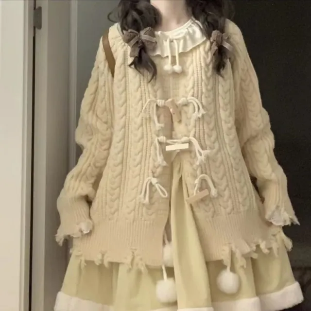 Japanese College Style Destroyed Round Neck Sweater Beige - Shop at LoveMi