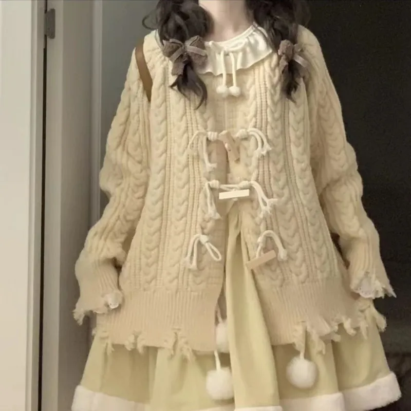 Japanese College Style Destroyed Round Neck Sweater - Beige