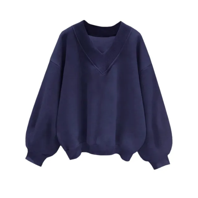 European And American V neck Long Sleeve Fashion Sweater Dark Blue - Shop at LoveMi