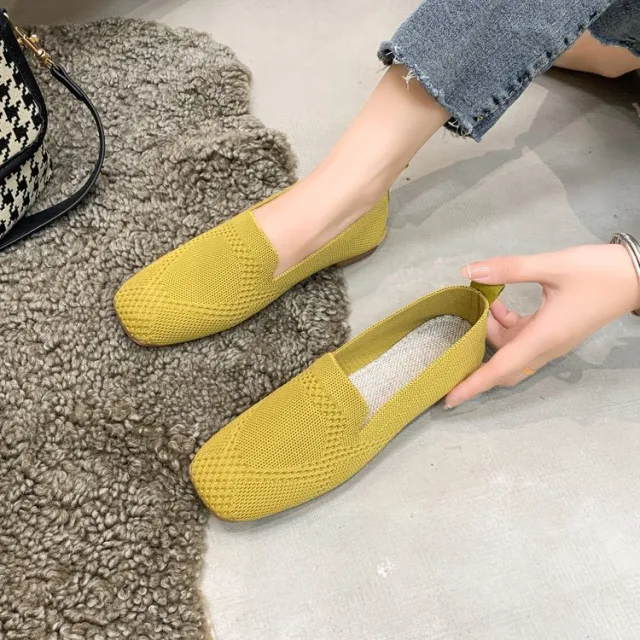 Square Toe Flat Bottom Flying Woven Pumps Female Slip on Casual Shoes Yellow - Shop at LoveMi