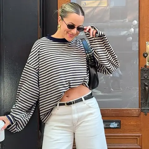 Fashion Striped Loose Contrast Color Round Neck Long Sleeve