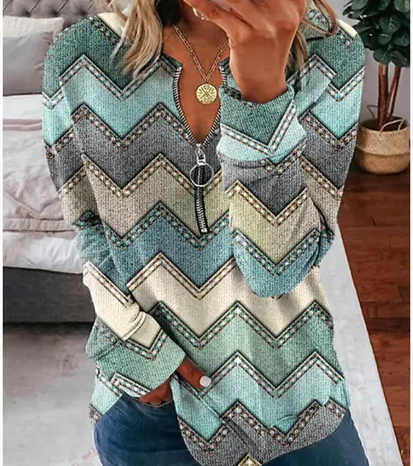 Striped Printed Long sleeve Zipper Foreign Trade Women's Top 003 Style - Shop at LoveMi