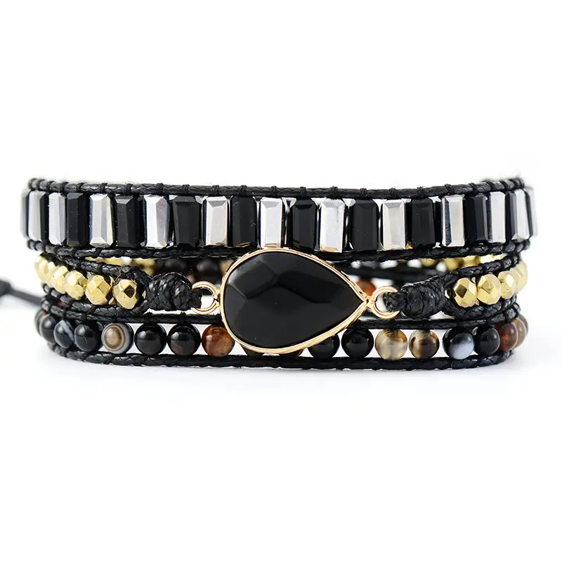 Vintage Ethnic Style Natural Stone Crystal Leather Rope Handmade Bracelet