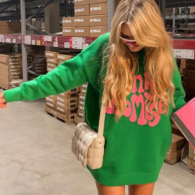 Round Neck Long Sleeve Letter Pattern Knitted Sweater Women's Pullover Green - Shop at LoveMi