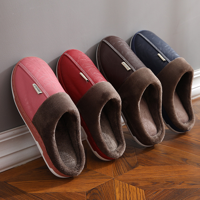 Winter New Slippers Leather Slippers for Men Warm Thick Sole Home Indoor Waterproof Cotton Slippers for Women Thick Sole Cotton Slippers