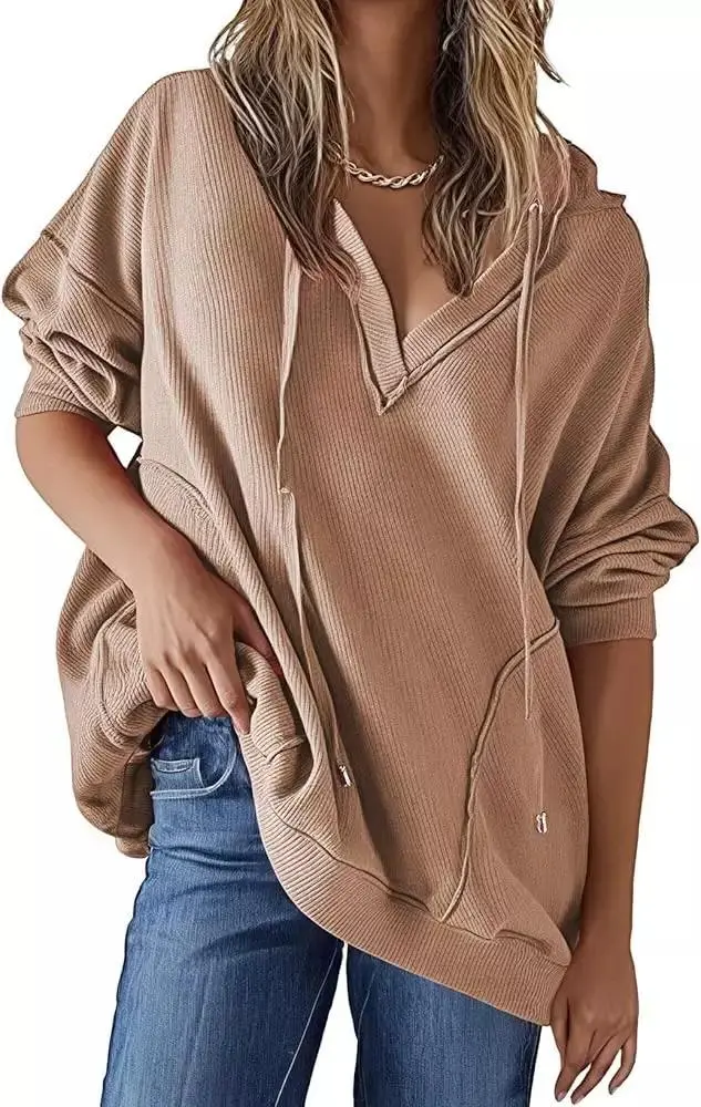 Women's V neck Waffle Solid Color Long sleeved Hoodie Beige - Shop at LoveMi