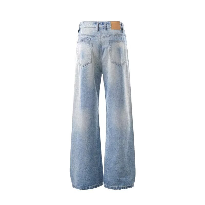 American-style Vintage Fade-washed Blue Straight-leg Jeans