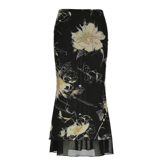 Women's Vintage Tie dyed Floral Printed Mesh Skirt Black - Shop at LoveMi