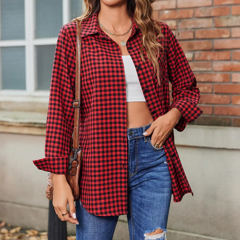 Printed Plaid Lapel Loose Long-sleeve Shirt Plaid Shirt - Rose
