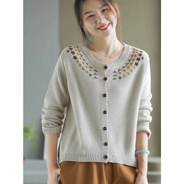 Womens Retro Embroidered Knitted Cardigan Beige - Shop at LoveMi