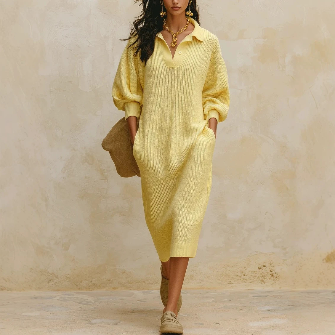 Pocket V-neck Button-down Casual Women's Sweater Dress