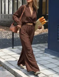 Fashion Women's Wear Long Sleeve V-neck Top Suit - Brown - View 1