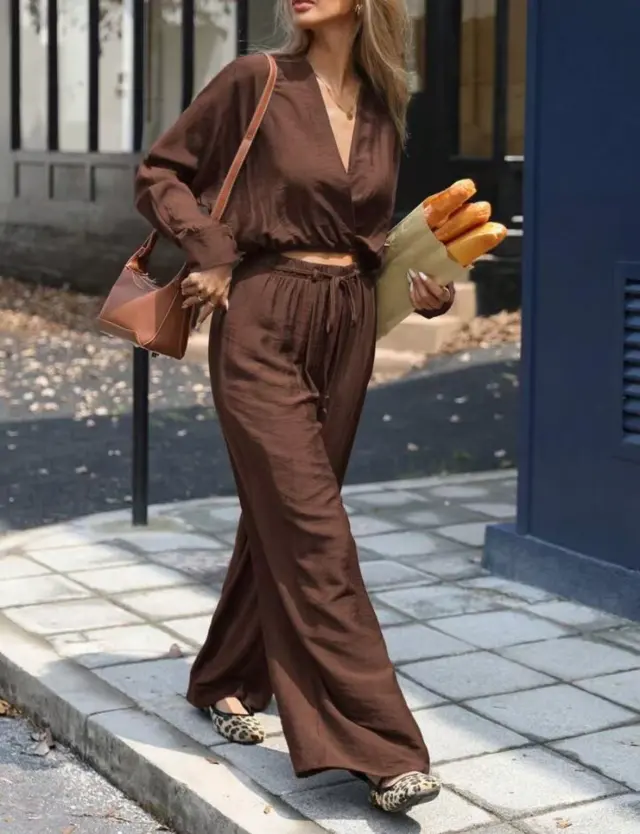 Fashion Women's Wear Long Sleeve V neck Top Suit Brown - Shop at LoveMi
