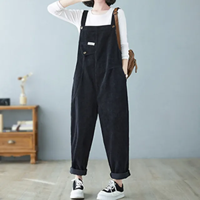 Loose Slimming Harem Suspenders Corduroy Trousers Women Black - Shop at LoveMi