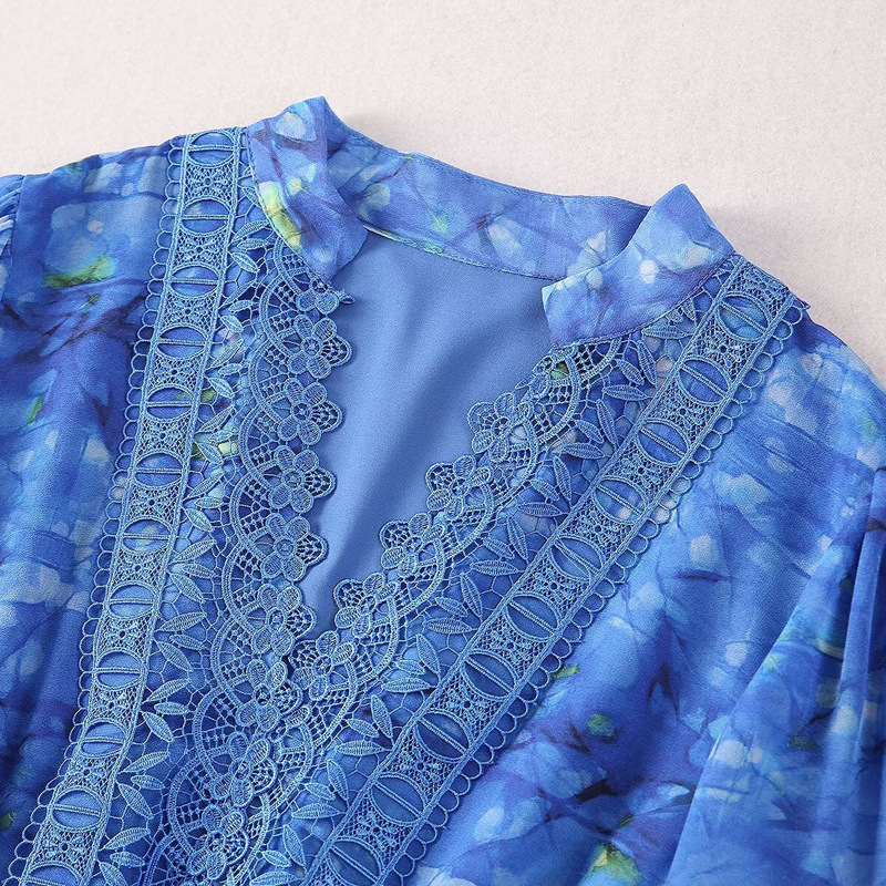 V-neck Blue Printed Flared Short Sleeve Vacation Style Chiffon Dress