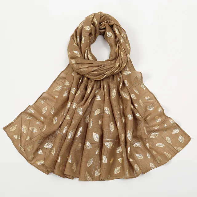 Leaves Bronzing Cotton And Linen Feel Scarf Thin 4 Camel - Shop at LoveMi