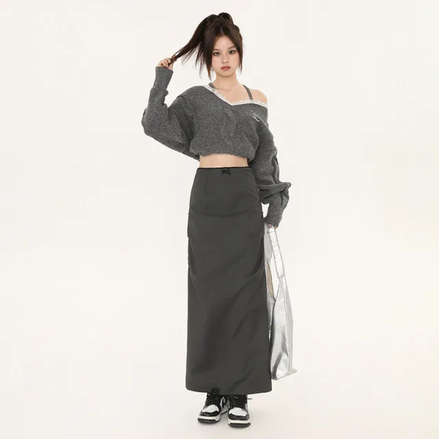 Pleated Split Skirt Women's Autumn All matching Gray - Shop at LoveMi