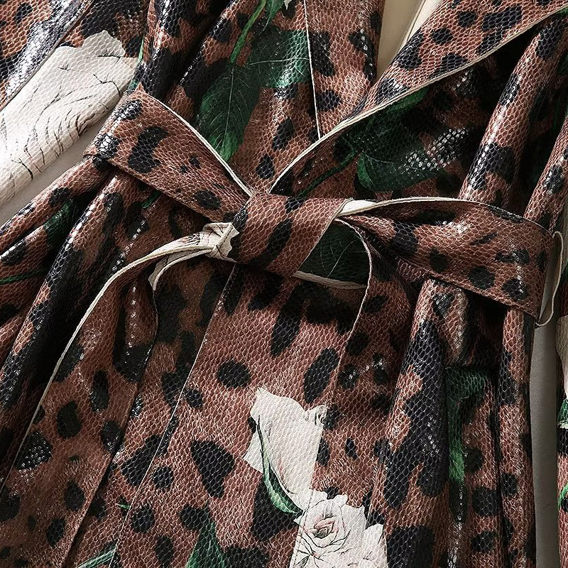 Leopard Print Long Sleeve Lace-up Trench Coat