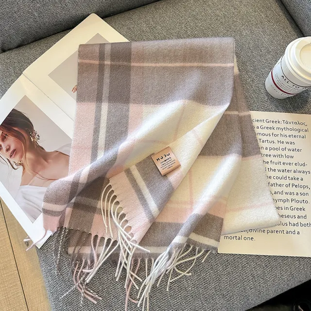 Pure Wool Plaid Scarf British Classic Coffee Pink White Plaid - Shop at LoveMi