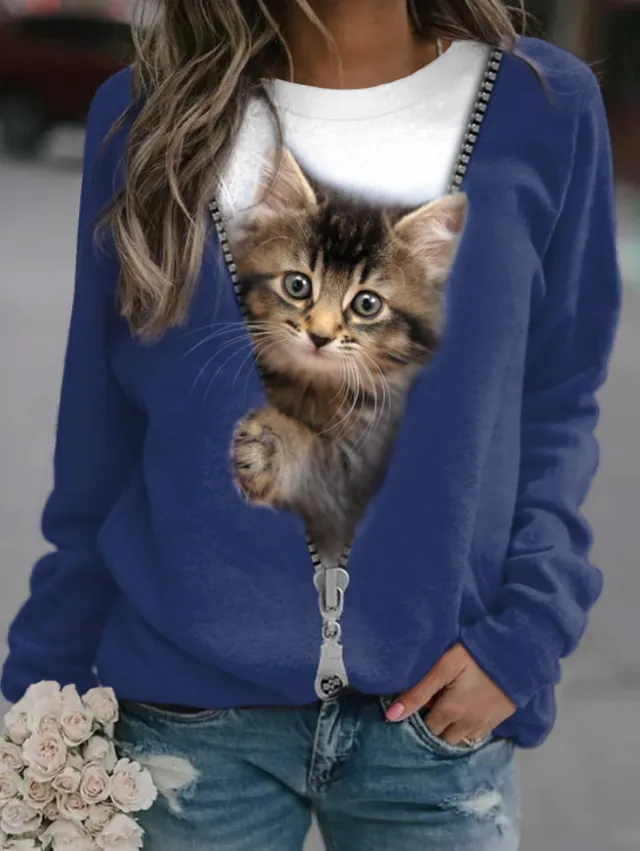 Women's Cat Basic Printed Round Neck Regular Pullover Picture Color 4 M - Shop at LoveMi