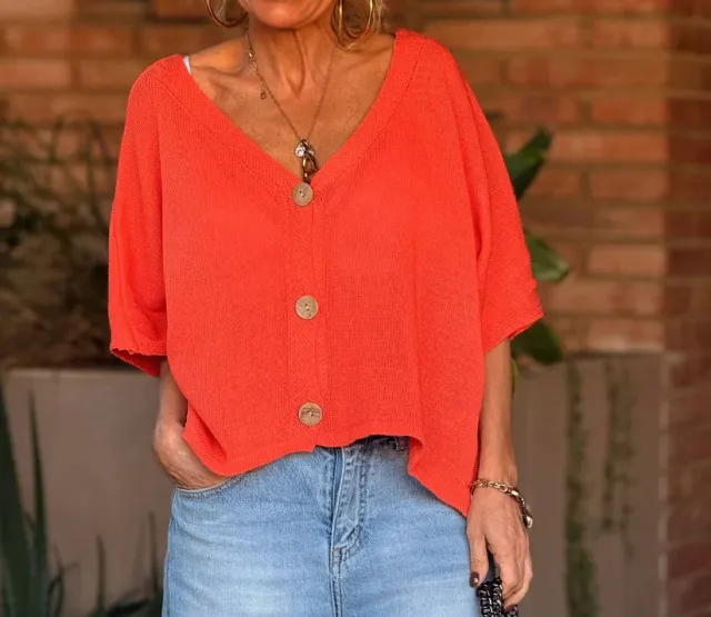 European And American Loose Casual Knitted Cardigan V neck Buttons Women's Top Orange - Shop at LoveMi