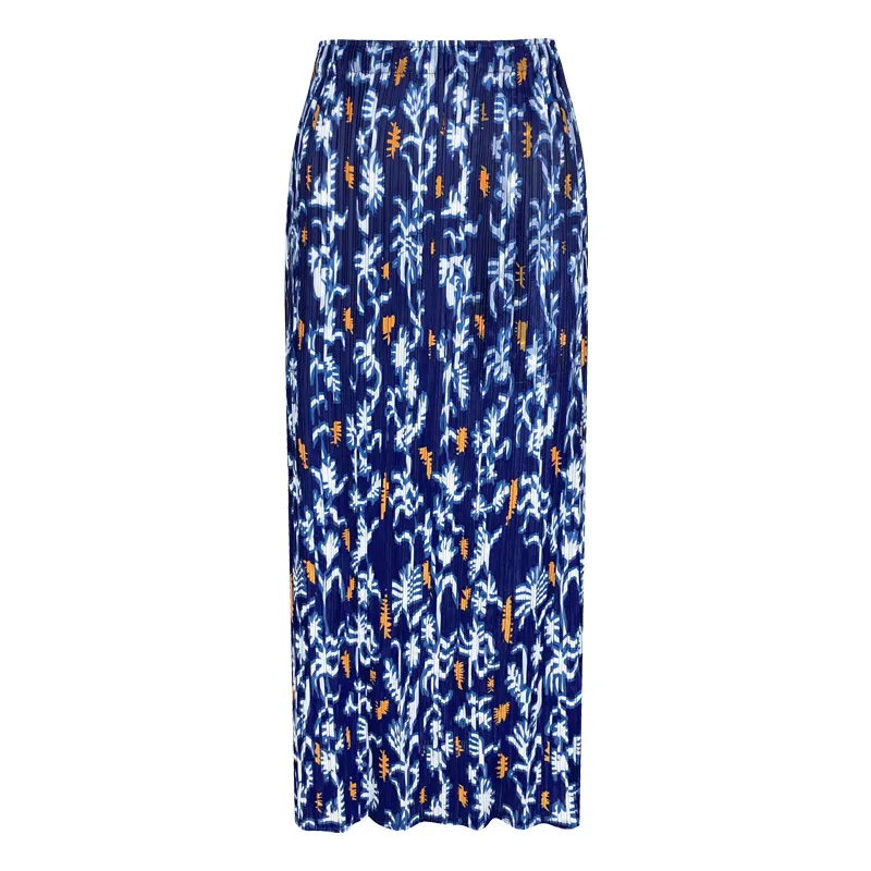 Printed High Waist Slit A- Line Skirt - Flower Line Blue Skirt