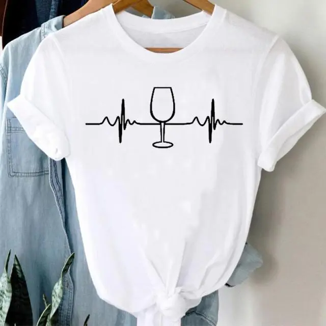 Wine Glass Red Wine And Women's Pattern New Print Short Sleeve Loose Round Neck T shirt Women's C White - Shop at LoveMi