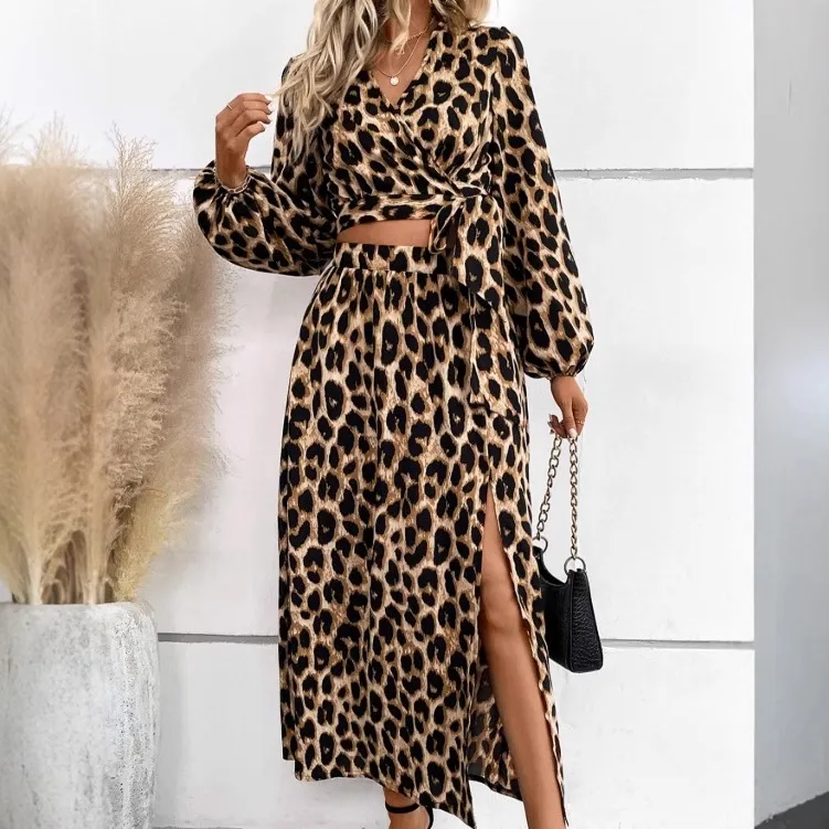 Printed V-neck Long-sleeve Tie Elegant Suit - Color