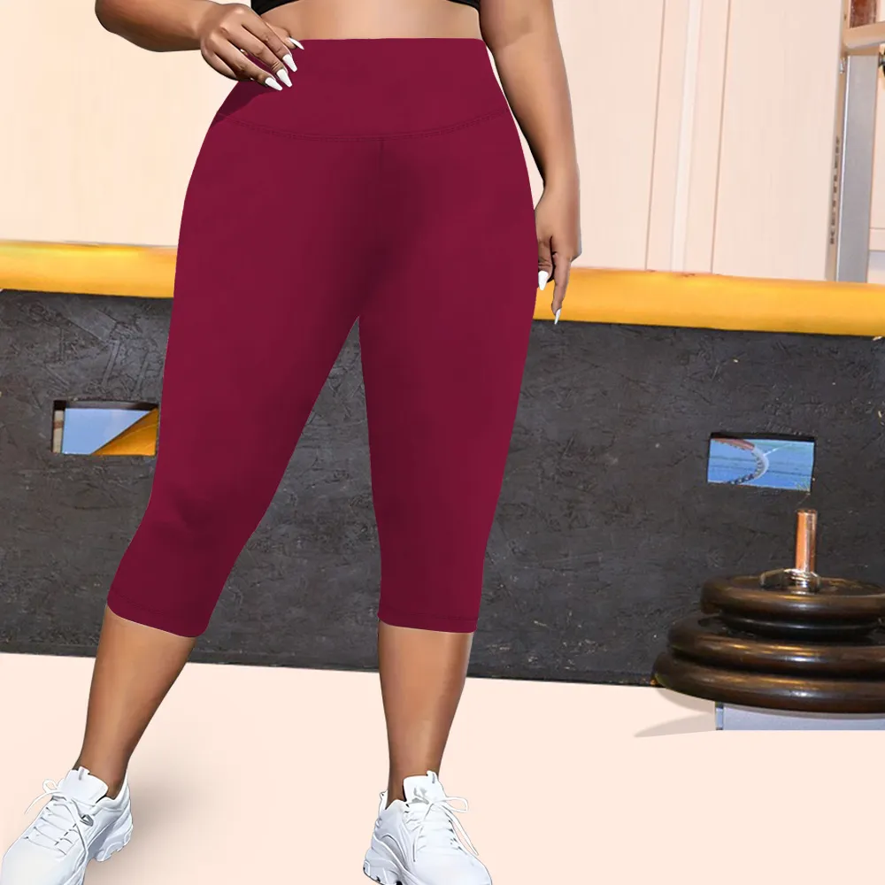 Pocket Plus Size Cropped Yoga Pants Tight - Wine
