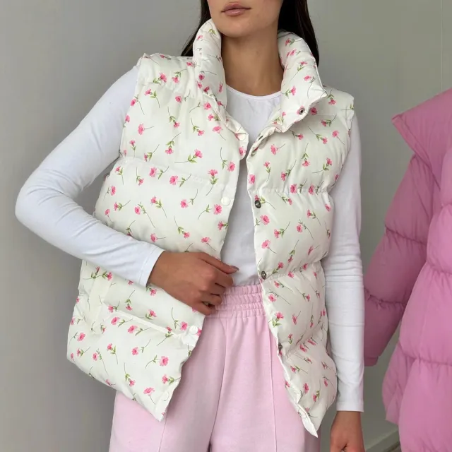Printed Cotton padded Jacket Waistcoat European And American Women Pink Floral - Shop at LoveMi