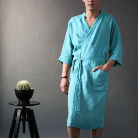 Men's and Women's Long Solid Color Linen Pajamas Robe