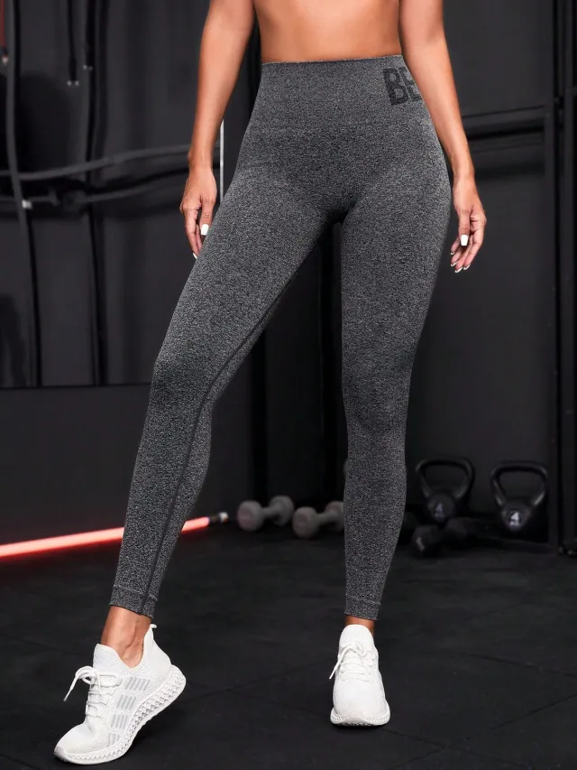 Seamless Letter Peach Yoga Hip Raise Skinny High Waist Exercise Workout Pants Women Gray - Shop at LoveMi