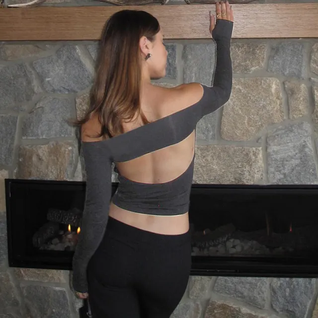 Solid Color Pullover Off the shoulder Long Sleeve Hollow Out Gray Y22Tp448 - Shop at LoveMi