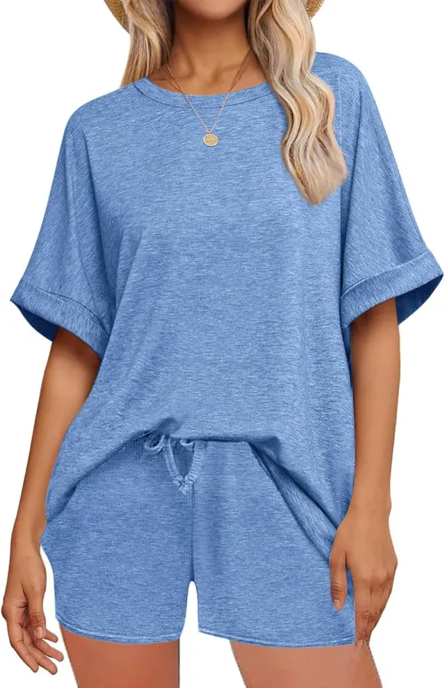 Casual Suit Oversized Short Sleeve T shirt Drawstring Shorts Casual Wear Sportswear Blue - Shop at LoveMi