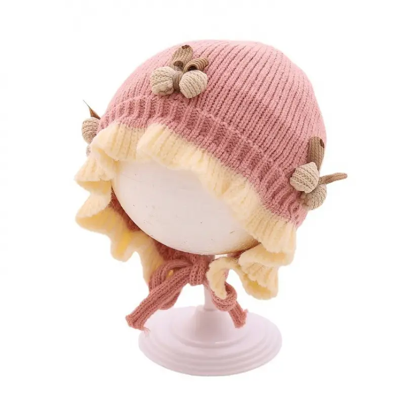 Autumn And Winter Knitted Hat Cute Princess Flower Beanie Baby Girl Warm Lace Up Wool Earmuffs Hat