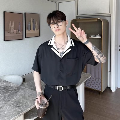 Striped Lapel Short Sleeve Shirt Men's Loose