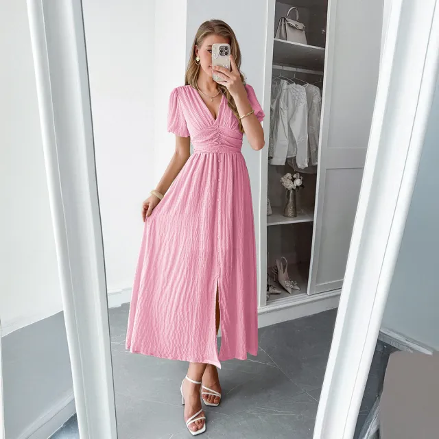Elegant Vacation Style Deep V Short Sleeve Maxi Dress Pink - Shop at LoveMi