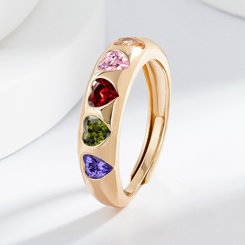 Fashionable Heart-Shaped Zircon Copper-Inlaid Ring